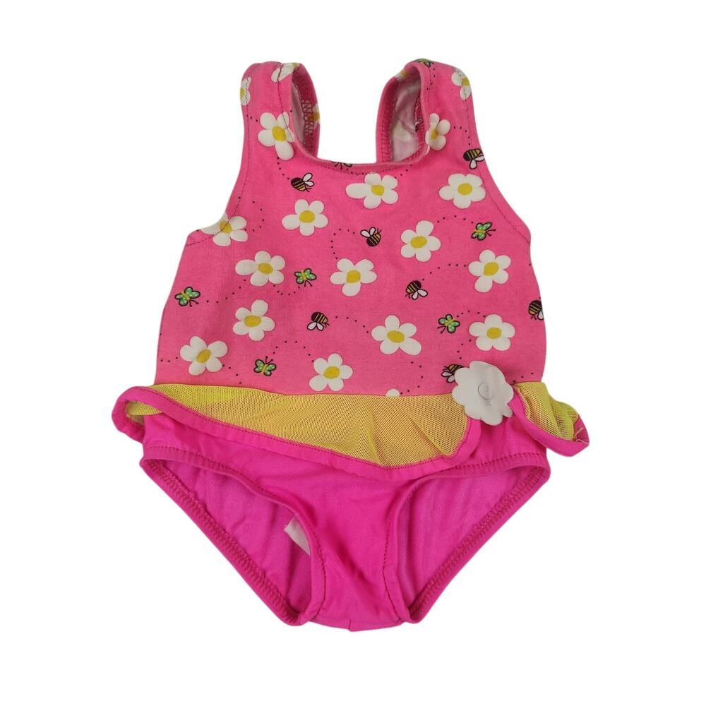 Honors 6M Pink Daisy Bee One Piece Swimsuit Ruffle Cottagecore Vintage 90s Y2K